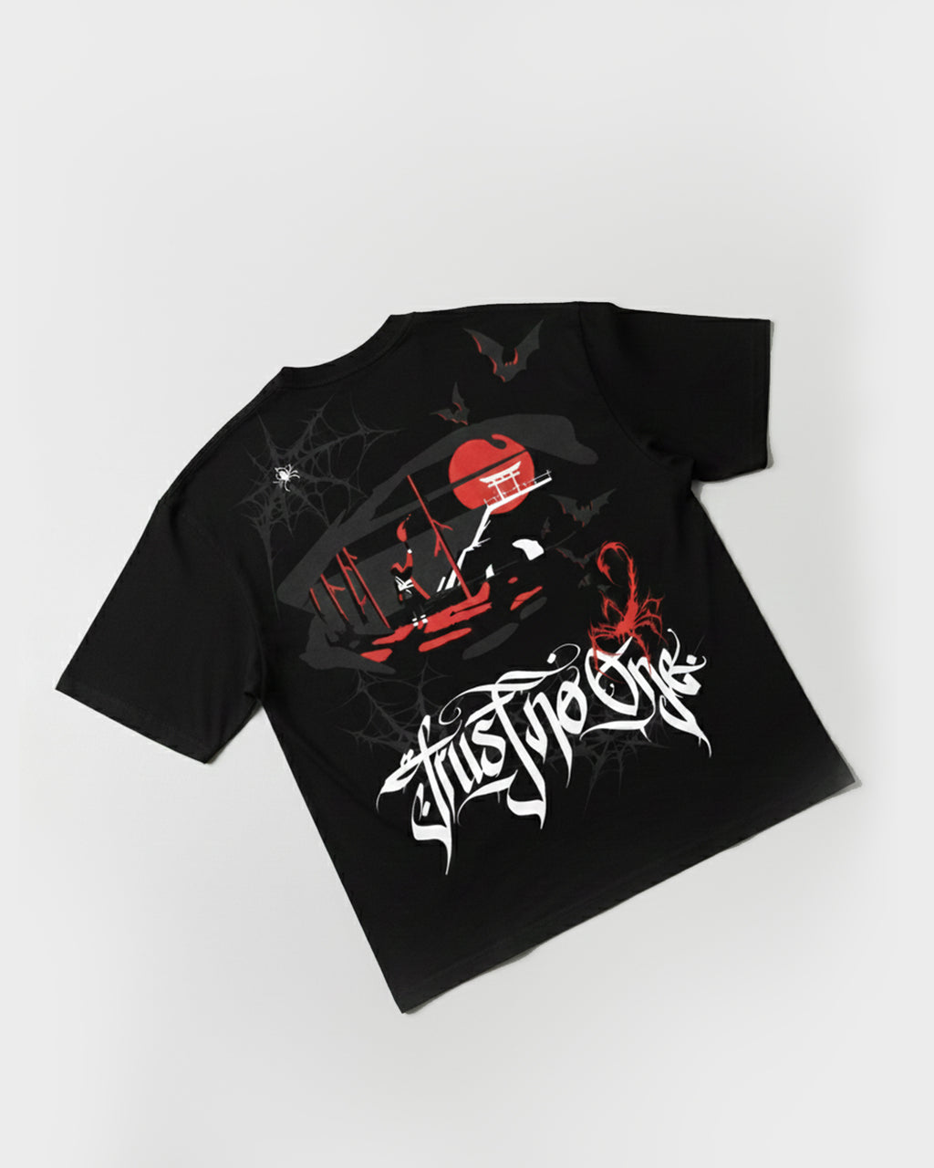 TWYN Akai Samurai black oversized t-shirt showcasing red sun samurai artwork and graffiti text, flat lay on white background