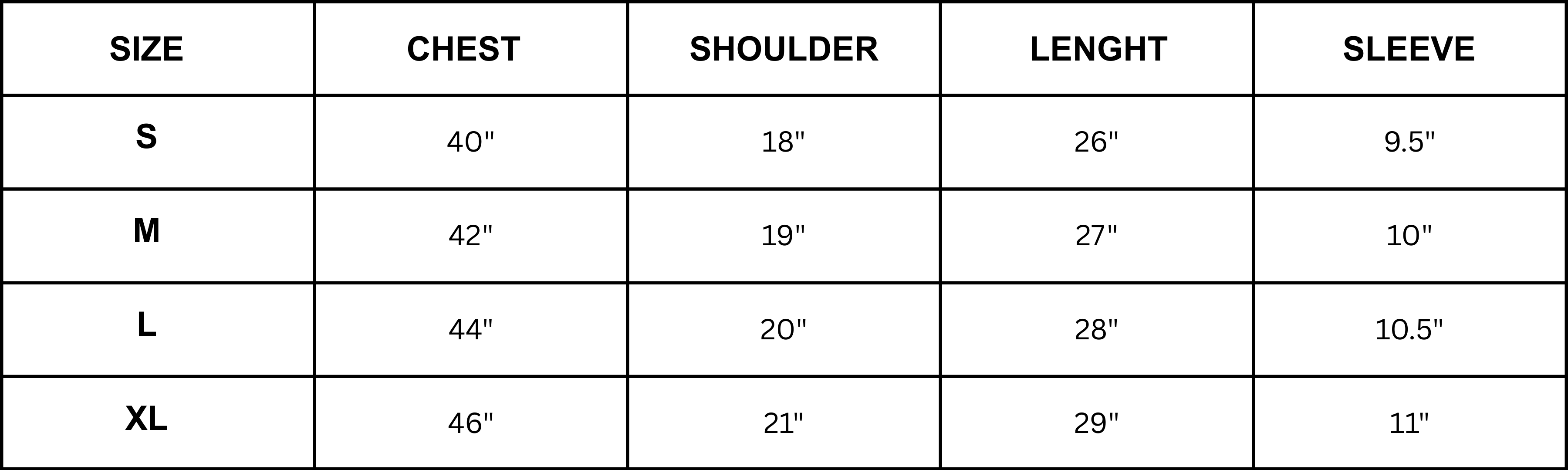 TWYN size guide for oversized t-shirts with fit measurements